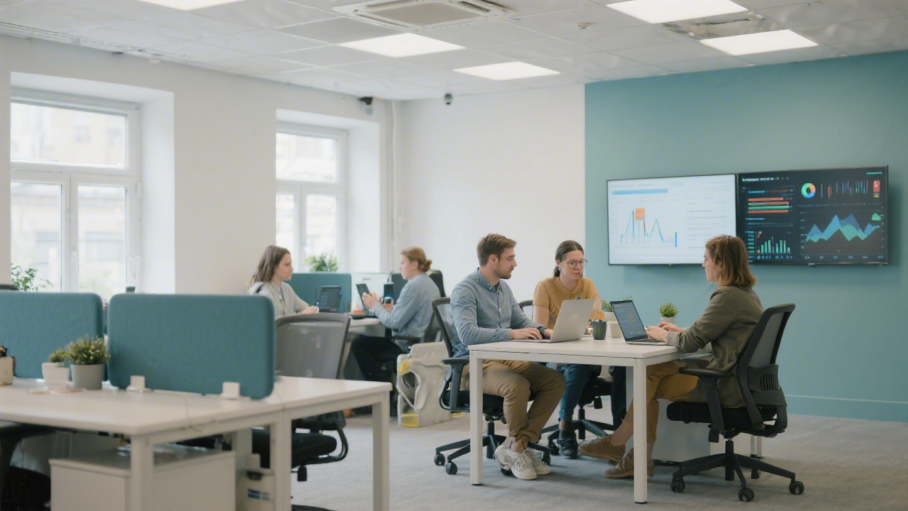 Bright modern office space in Prague with small team working on laptops, minimal decor, neutral colors, focus on collaboration and analytics screens