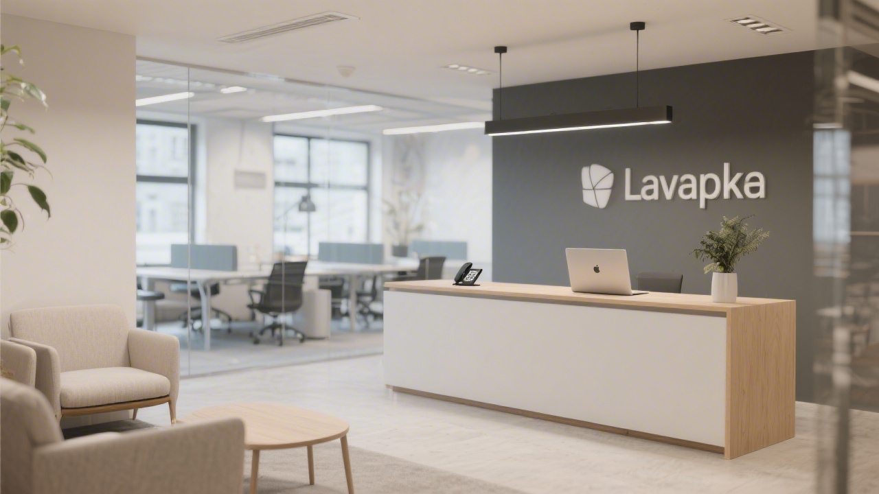 Reception area in a modern Prague office with neutral furniture, desk with laptop and phone, welcoming atmosphere and minimalist interior design
