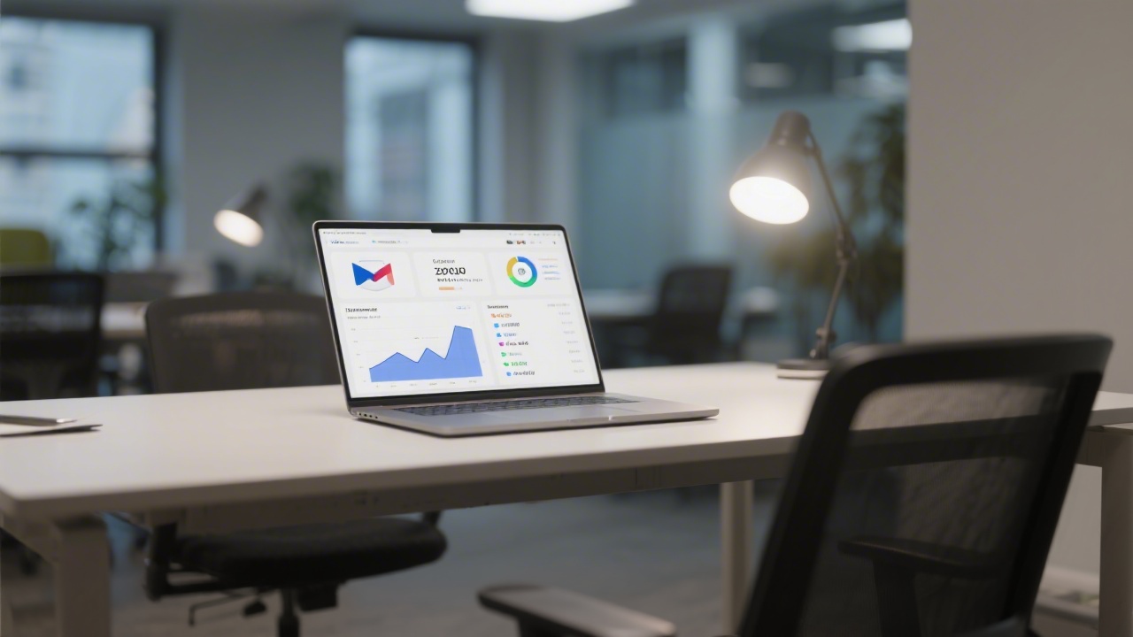 Modern workspace with laptop showing email marketing dashboard, clean charts for open rate and conversions, neutral lighting, business professional setting in a Czech office environment