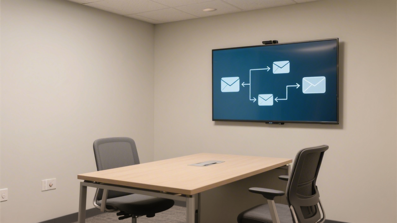 Small meeting room with a large screen showing email flow diagrams, two chairs and a table, neutral wall color and professional atmosphere