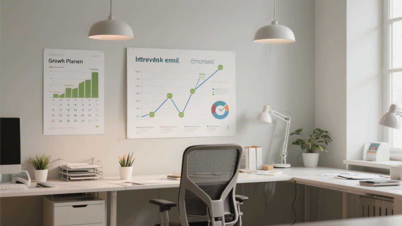 Workspace with printed growth plan, charts and calendar, showing iterative email campaigns, tidy office and neutral lighting
