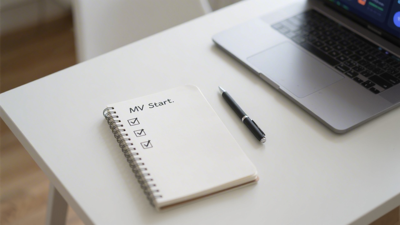 Notebook with simple checklist titled MVP Start, pen and laptop with minimal dashboard, clean table and professional tone