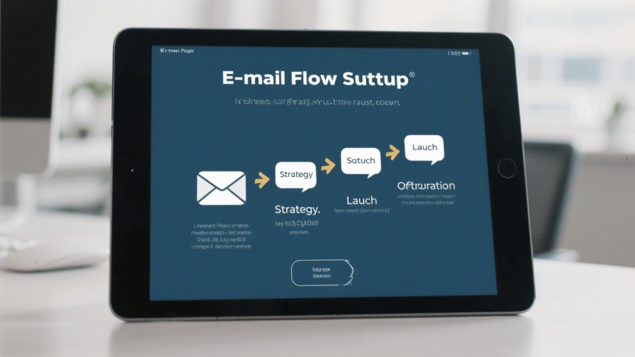 Clean infographic style image with four steps of email flow setup, including strategy, setup, launch, and optimization, presented on a tablet in a neutral office