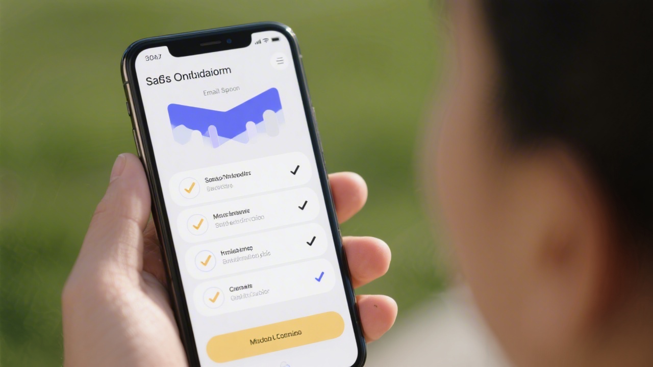 Minimal SaaS onboarding email sequence displayed on a mobile phone with checklist and progress steps, neutral colors and clean typography