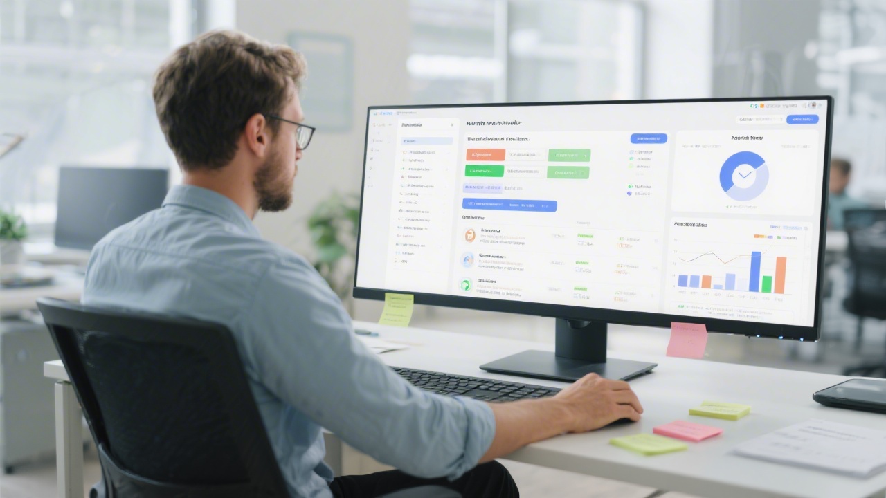 Email marketing specialist reviewing automation rules and segments on a wide monitor, with notes and analytics charts, calm office ambience and clean desk
