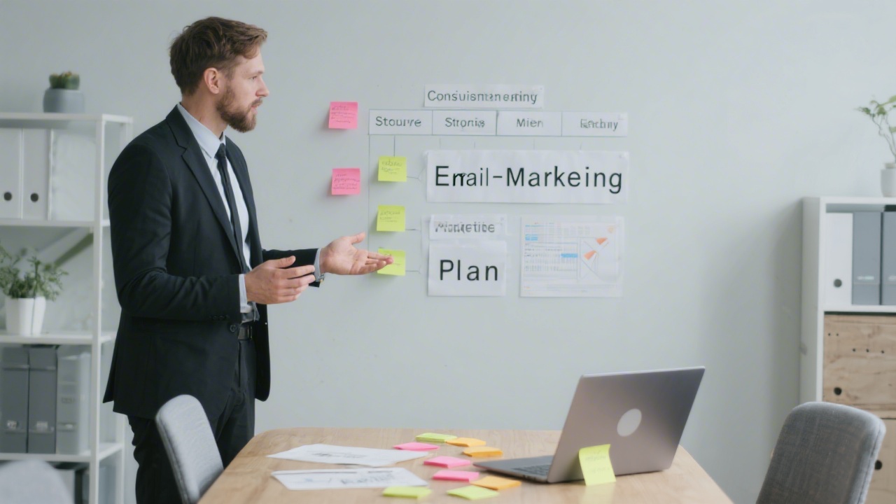 Consultant presenting a structured email marketing plan with sticky notes and laptop on a table, modern office, neutral colors and focused working environment