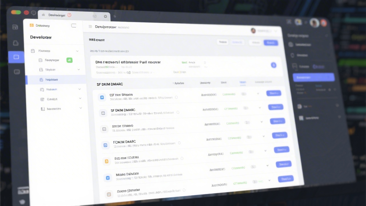 Developer screen showing DNS records and email authentication settings, with focus on SPF DKIM DMARC rows, muted colors and realistic system interface