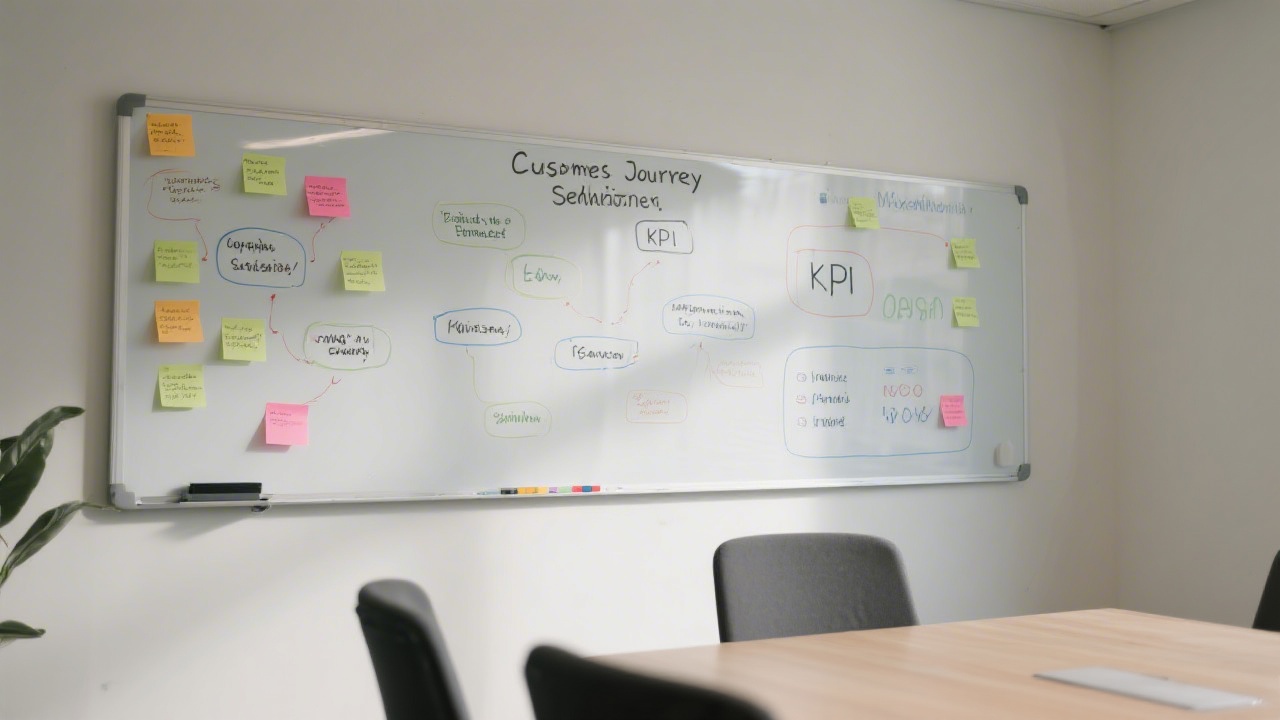 Wall board with sticky notes showing customer journey, segmentation ideas and KPI goals, photographed in a clean meeting room with soft light